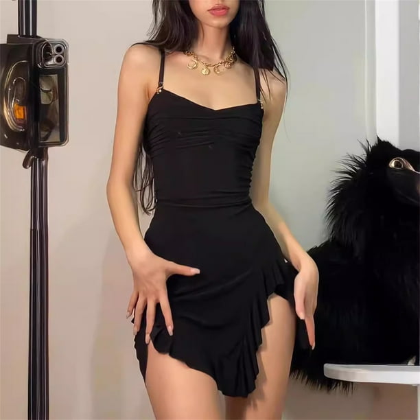 Minivestido Sexy sin mangas para mujer ropa de calle con tirantes Espalda descubierta pliegues cenido al cuerpo vestido negro dividido vestidos elegantes de fiesta Bodega Aurrera en linea