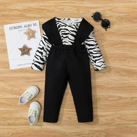 

[BRAND CLEARANCE!!!] 3-18M Spring Autumn Girls Suit Zebra Printed Top + Overalls Ruffle Design (Black)
