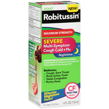 Robitussin Adult Severe Multi-Symptom Cough Cold + Flu CF Nighttime Max, 4.0 FL