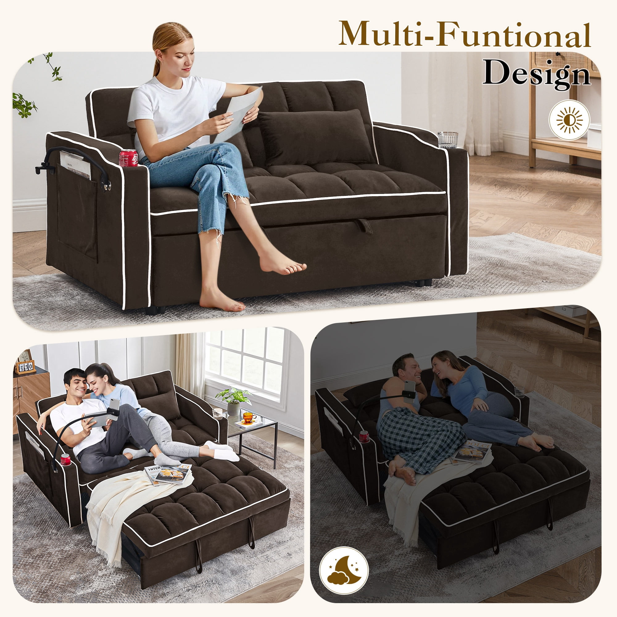Dinosisco 4-in-1 Convertible Loveseat Sleeper, 55" Futon Sofa Bed with Phone Stand, USB, Brown Velvet