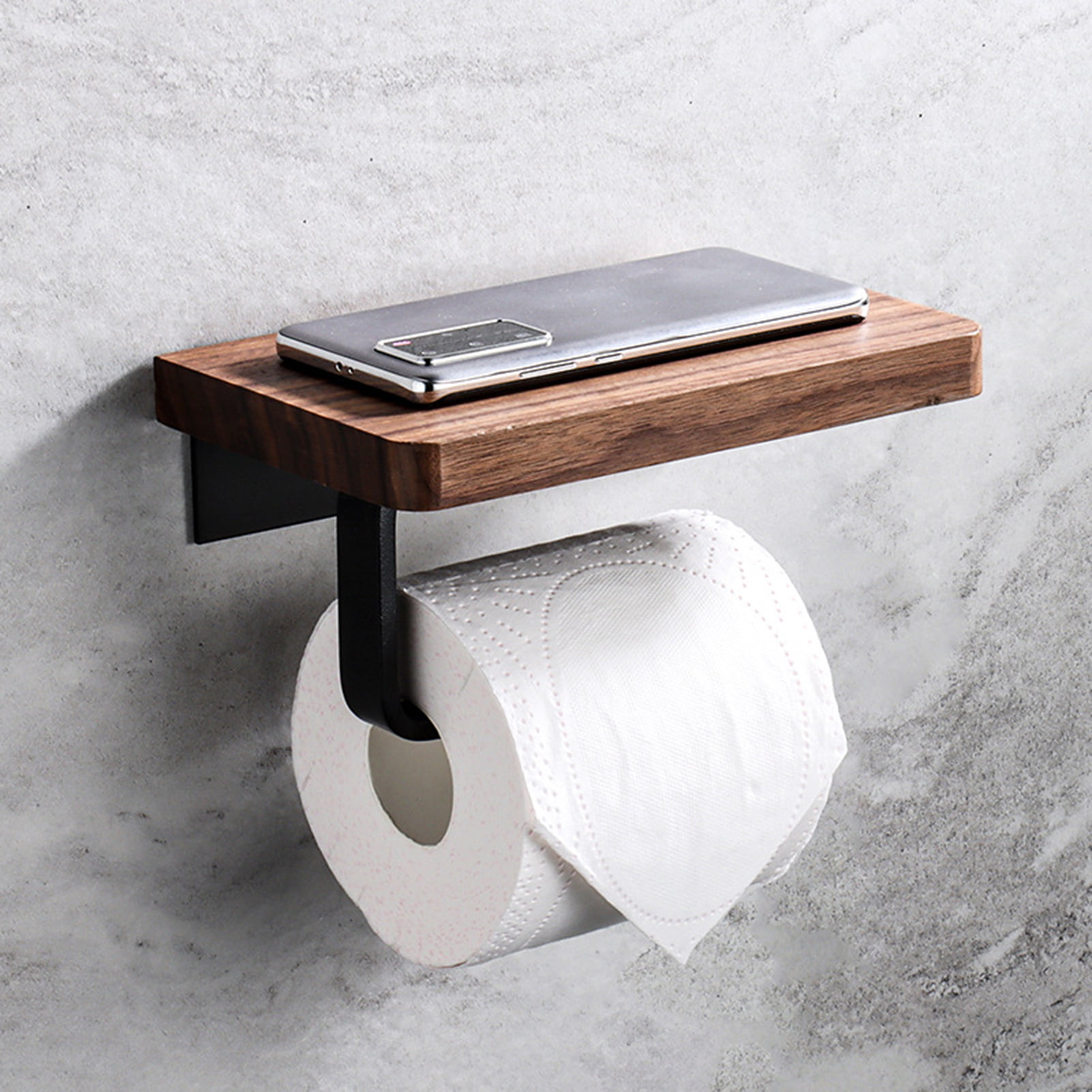 Rustic Wood Toilet Paper Holder with Shelf，Wall Mounted Tissue Roll Holder  with Phone Storage Shelf，Paper Dispenser Holder for Bathroom