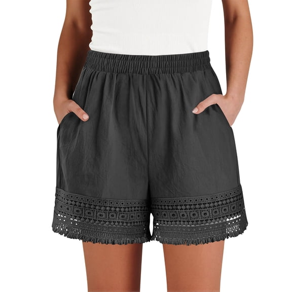 Alkepwun Womens Athletic Shorts 100% Cotton Solid Plus Size Lace Trim Elastic High Waisted Shorts Summer Casual Loose Vacation Beach Lounge Bohe Shorts