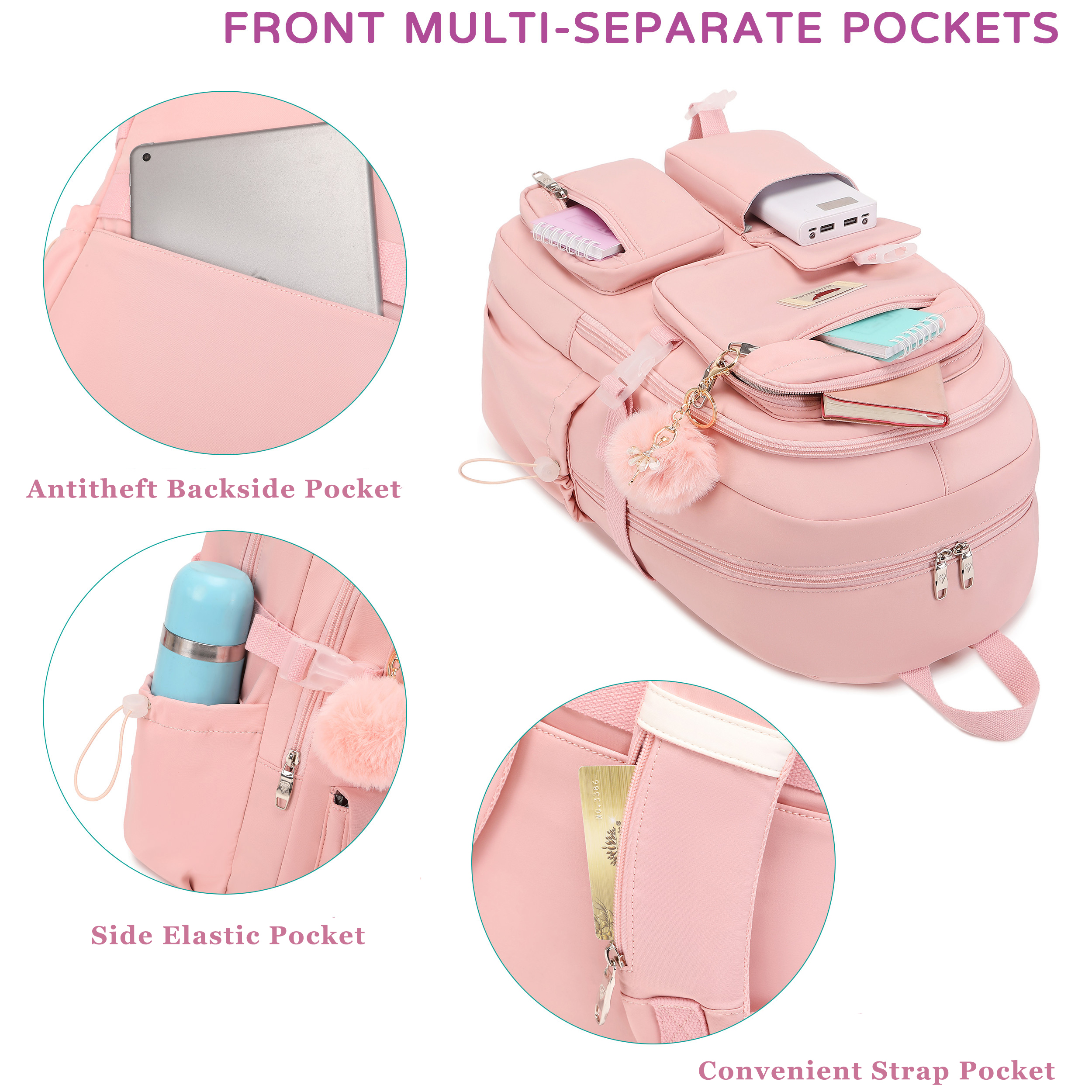 Mochila para laptop de 15.6 pulgadas para niños, primaria, secundaria, preparatoria y universidad, antirrobo, para viajes, grande, para adolescentes y mujeres estudiantes (rosa) 4