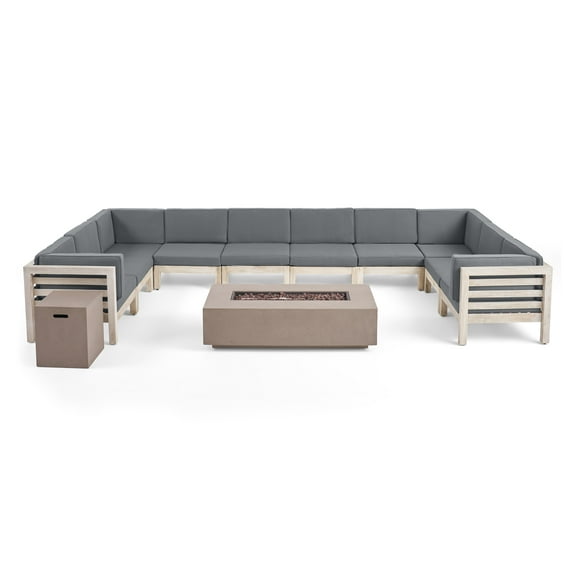 GDF Studio Oana Outdoor 12-Piece U-Shaped Sectional Sofa Set with Fire Pit, Gray