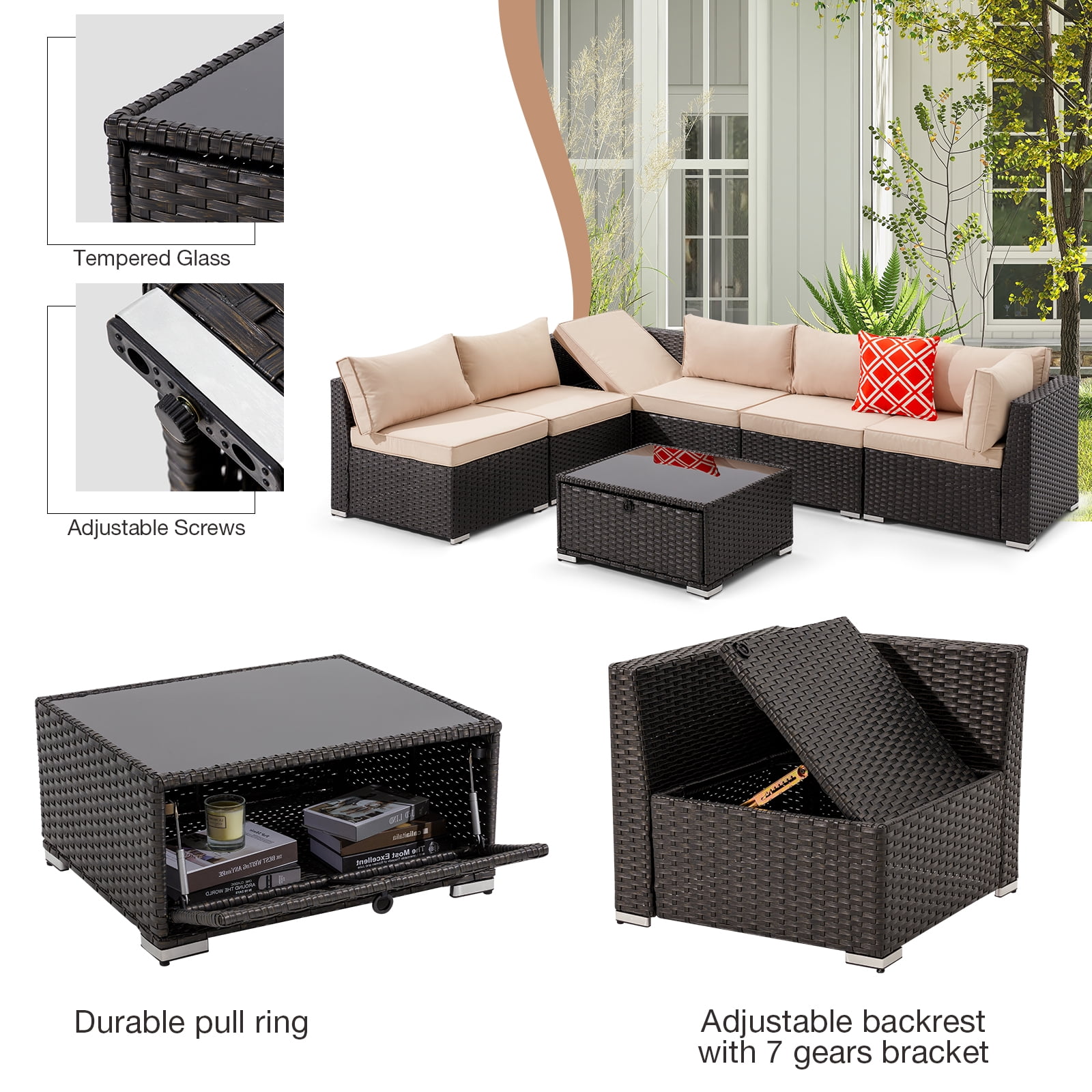 HUGIEE 7 Pieces Patio Furniture Wicker Sofa Outdoor Sectional Sets with 44-Inch 50,000 BTU Gas Fire Pit Table Auto-Ignition Propane Fire Pit Table, Khaki