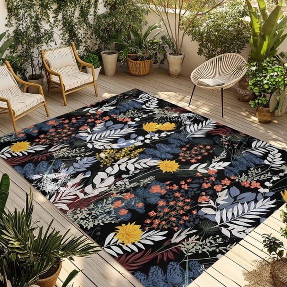 Wildflowers Blossom Outdoor Rug for Patio/Deck/Porch, Non-Slip Large Area Rug 3 x 5 Ft, Black Spring Garden Botanical Floral Indoor Outdoor Rugs Washable Area Rugs, Camping Rug Carpet Runner
