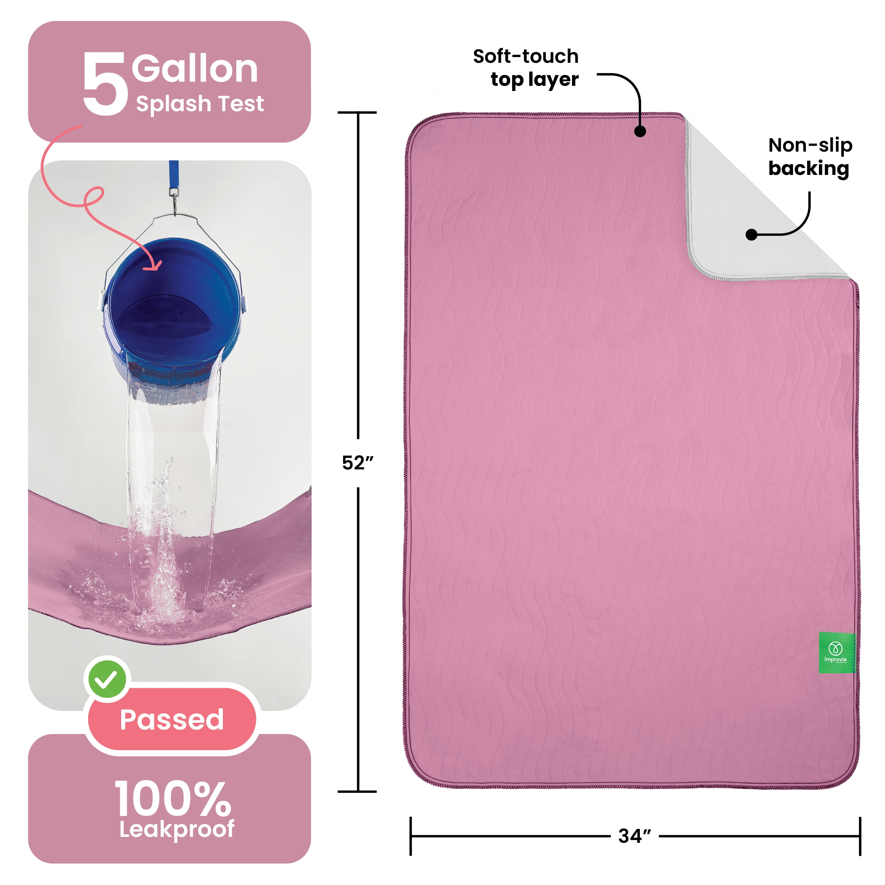 Improvia Washable Bed Pads for Incontinence, Waterproof Reusable, 34 x 52 in, 2-Pack (Pink & White)