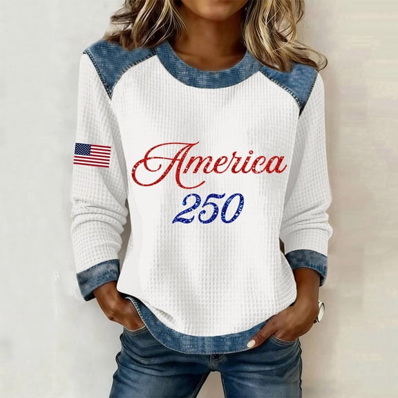 USA 250th Anniversary Shirt for Women Independence Days Sweatshirt Long Sleeve Crew Neck White Top L
