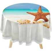 SKYSONIC Starfish Leaves Sandy Beach Round Tablecloth 60inch Indoor Wrinkle Free, Circular Lace Table Cover Washable for Kitchen Party BBQ Dining Decor