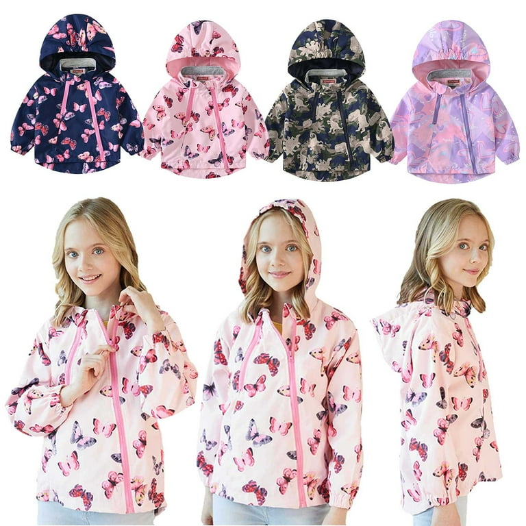 ZCFZJW Girls Outdoor Cute Floral Pattern Printed Double Zipper Long Sleeve  Windproof Jacket with Hood, Kids Lightweight Trench Coat Windbreaker Dust