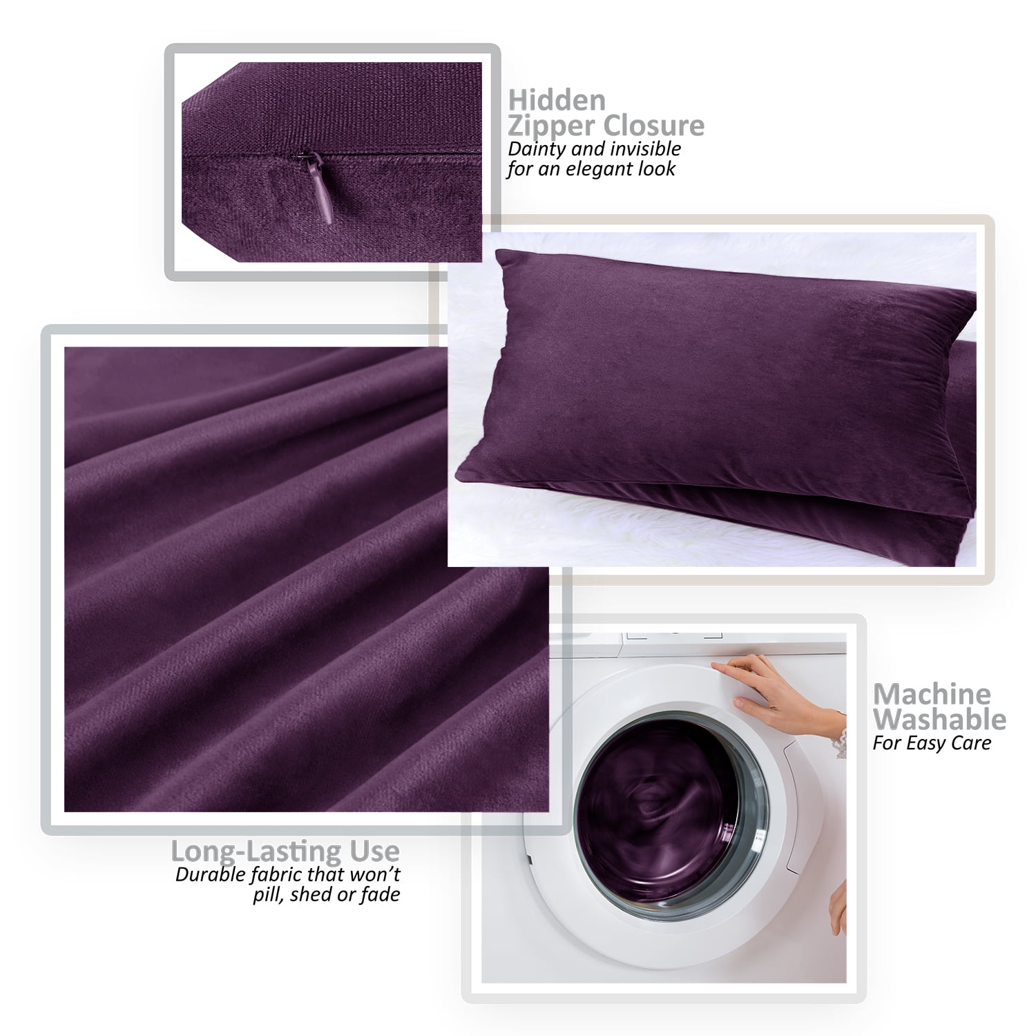 Clara Clark Plush Solid Decorative Microfiber Square Throw Pillow Cover with Throw Pillow Insert for Couch, Eggplant, 24"x24"", 4 Piece Decorative Soft Throw Pillow Set