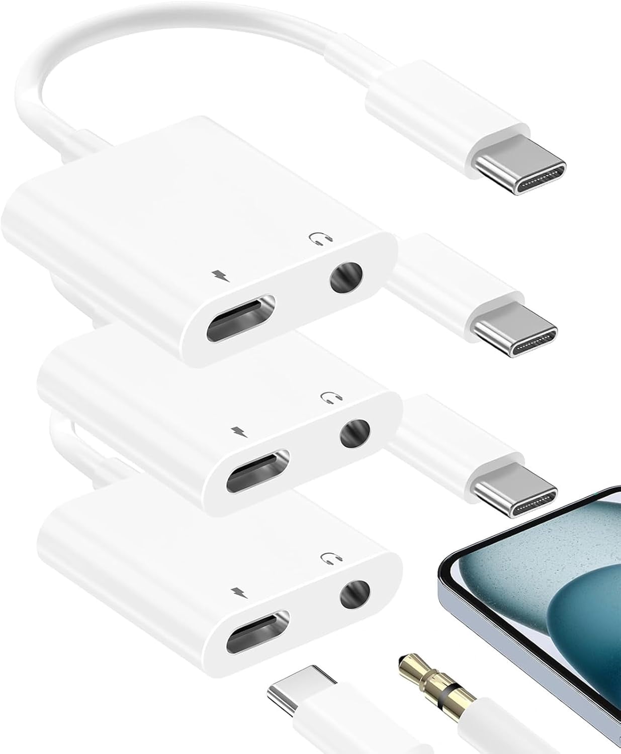 MHAWBL-MFi Certified USB C to 3.5mm Headphone and Charger Adapter, 3 Pack Type C to Aux Jack Dongle Cable Cord with PD 60W Fast Charging Dongle for iPhone 17/17 Pro/17 Pro Max/Air/16/16 Pro Max/15/15
