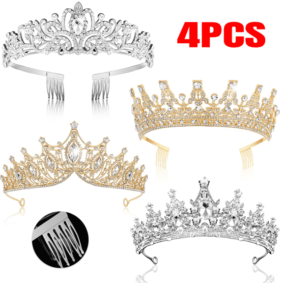 4pcs King Crowns Metal King and Queen Prince Princess Crystal Headband Tiara Crown Wedding Bridal Accessories for Women Men