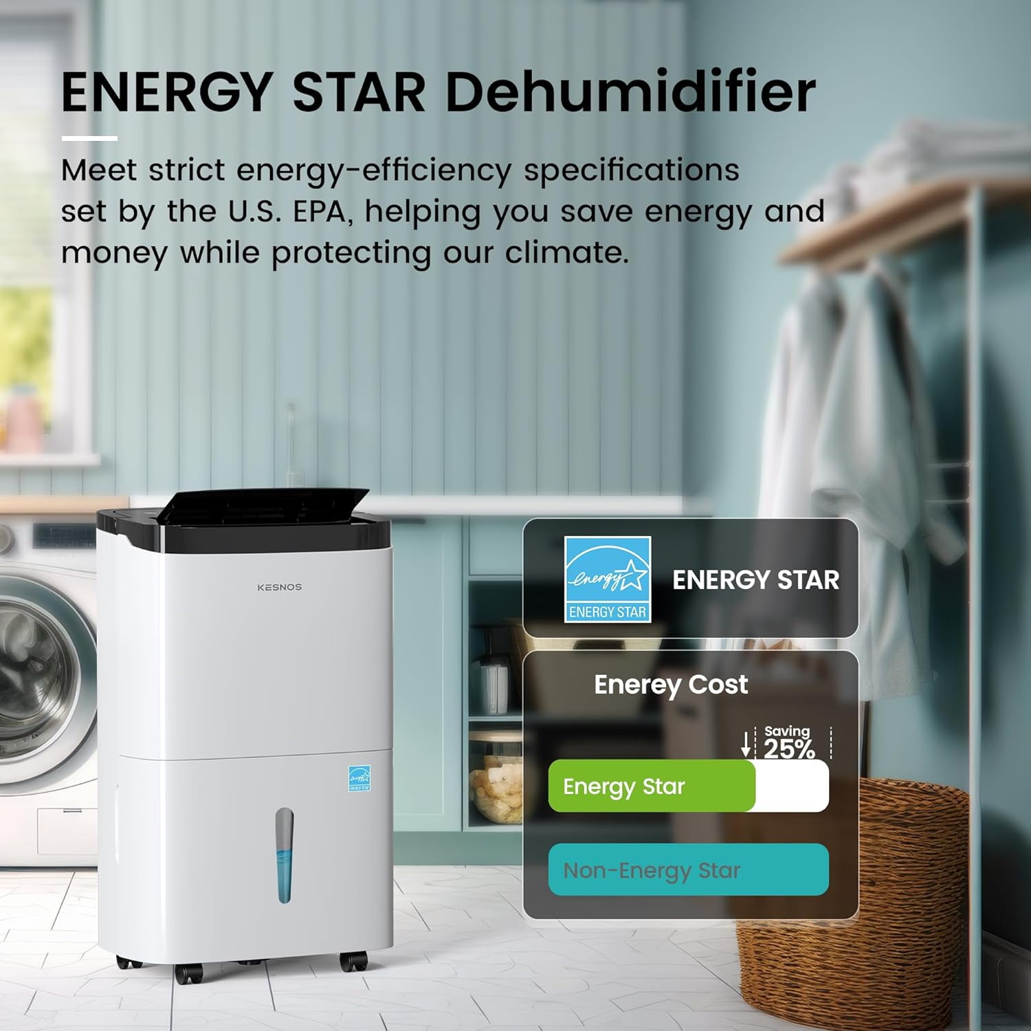 Kesnos 80 Pint Dehumidifier for Home and Basements, DOE 25 PT up to 5000 Sq. Ft, with Bucket, Drain Hose, Portable, Auto Defrost and Self-Drying