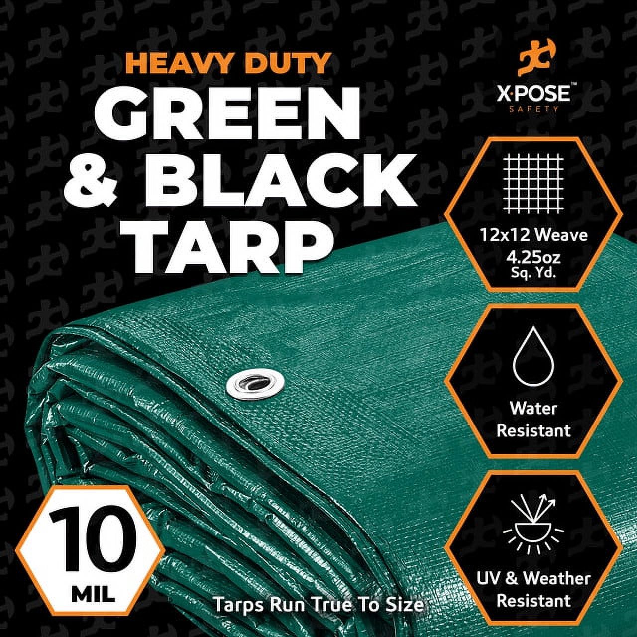 Heavy Duty Poly Tarp 12 Feet x 25 Feet 10 Mil Thick Waterproof, UV Blocking Protective Cover - Reversible Green and Black - Laminated Coating - Rustproof Grommets - by Xpose Safety - image 2 of 8