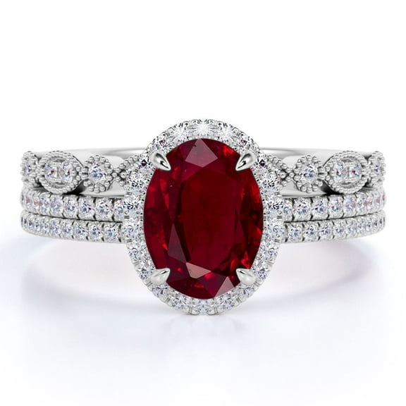 JeenMata 2 Carat Oval Antique Pigeon Blood Lab Created Ruby Trio Ring Set in 18k White Gold over Silver