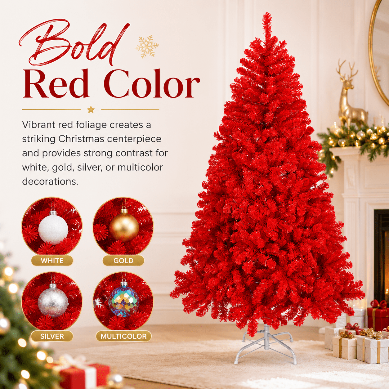 Alvantor 6 ft Red Unlit Artificial Christmas Tree with 800 PVC Branch Tips, Hinged Design and Metal Stand