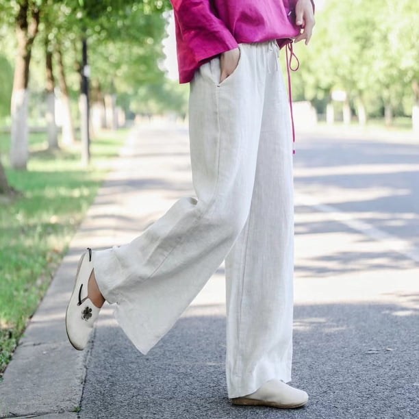 Pantalones de pierna recta, holgados, de lino, de color liso, con cintura holgada, informales, de pierna ancha para mujer