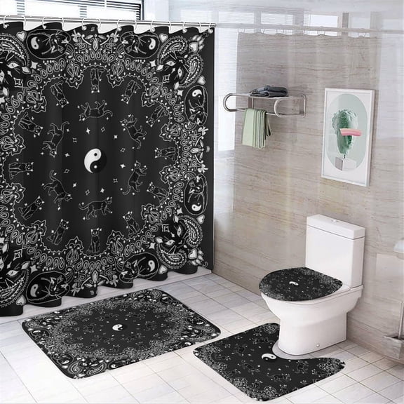 Bandana Pattern Shower Curtain Set Modern Bathroom Decor Mats 4pcs Fabric Bathroom Curtain Slip Floor Rug Toilet Lid