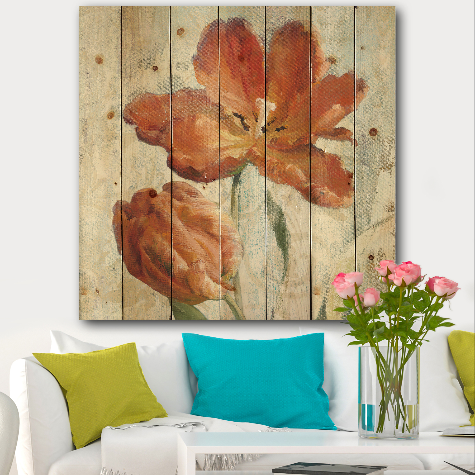 Designart 'Orange Parrot Tuplip' Traditional Print on Natural Pine Wood