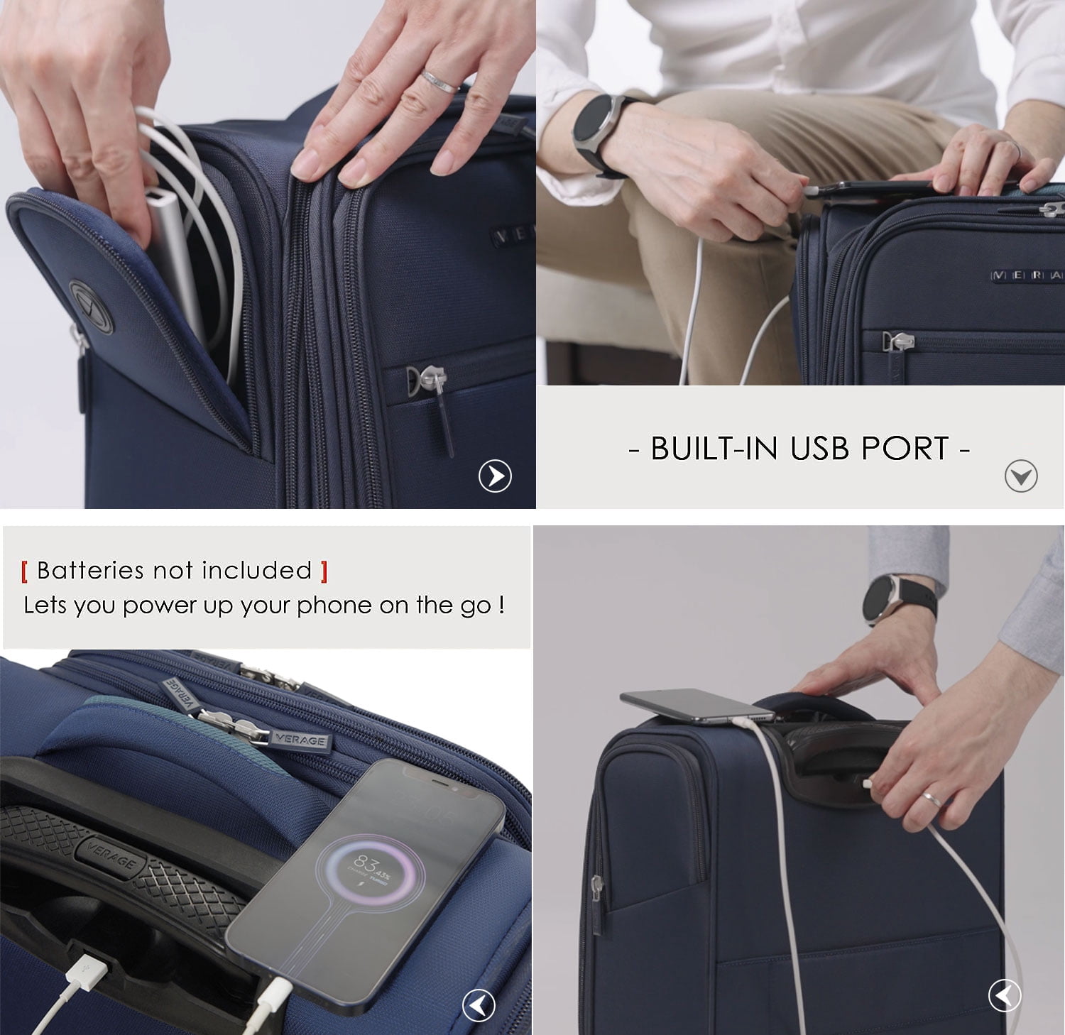 VERAGE Underseat Carry on Luggage with spinner Wheels & USB Port,Bag for Airlines, Lightweight Suitcase for Men Women, Pilots and Crew, Navy (14-Inch)