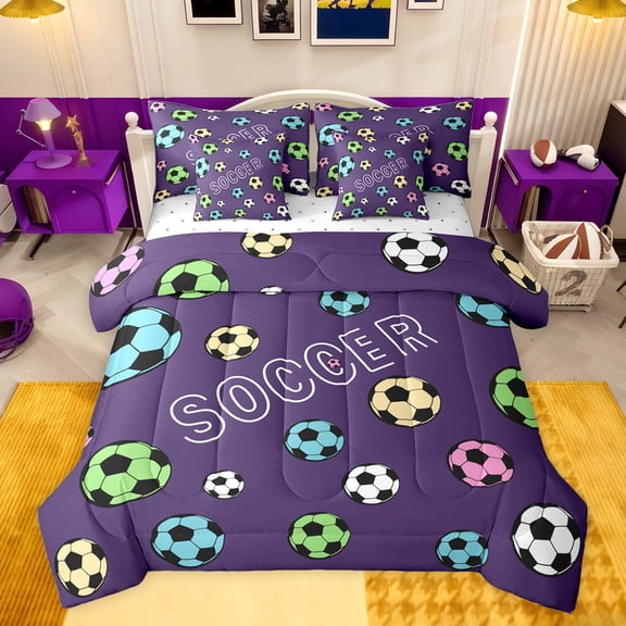 jejeloiu Colorfull Soccer 7-Piece Twin Bedding Sets,Football Sport Game Bedding Comforter Set,Teens Ball Lovers Sheet Sets For Girls Boys,Luxury Bedroom Decor Reversible