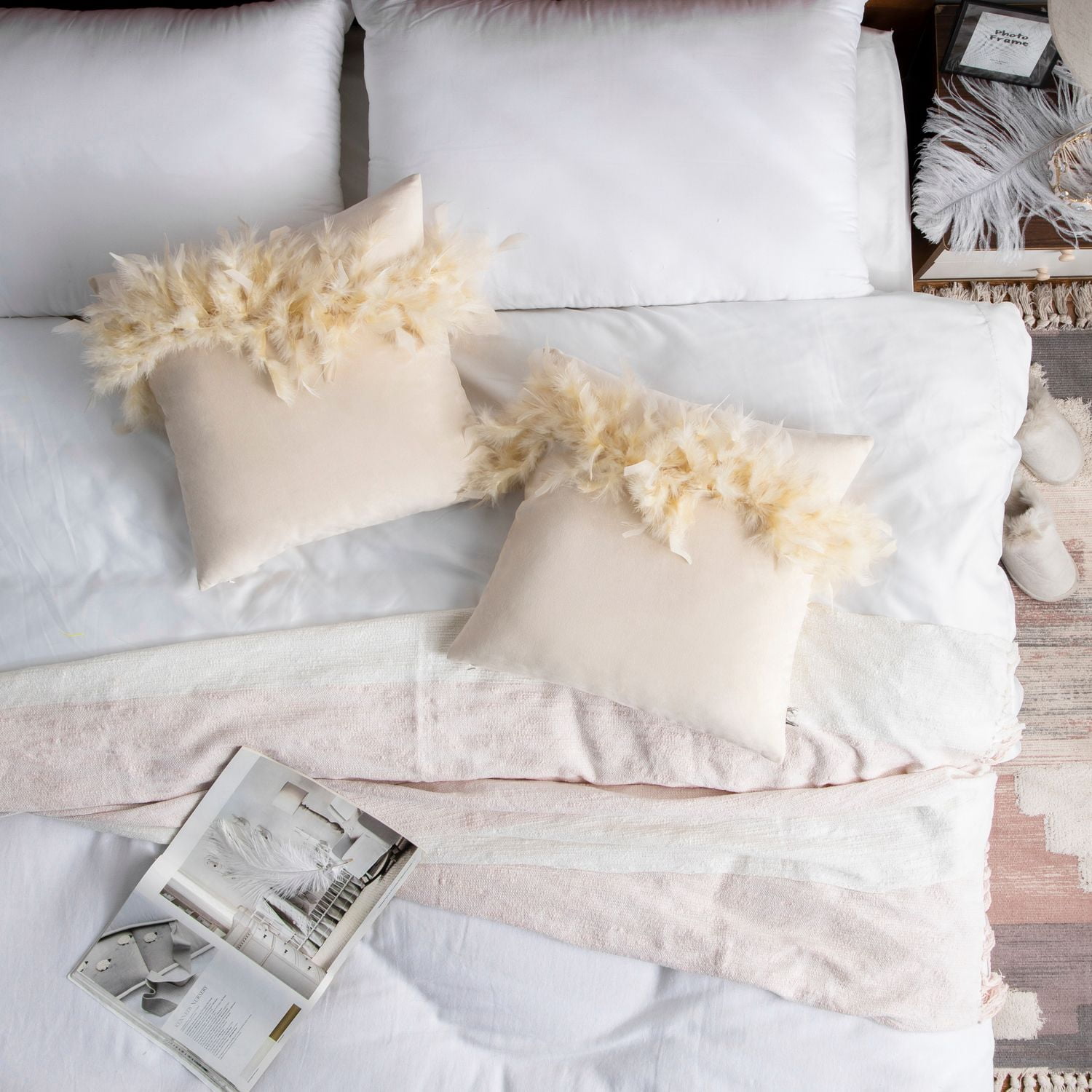 Phantoscope Feather Velvet Decorative Throw Pillows, 18 x 18 in, Beige, 2 Pack