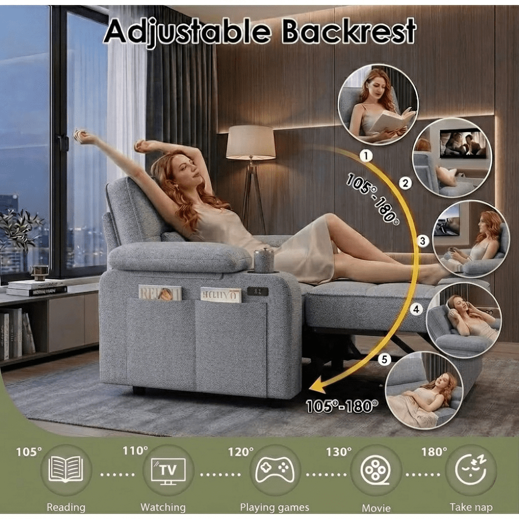 58" Convertible Sofa Bed Pull Out Couch Sleeper Loveseat with Teddy Fabric USB Charging Ports Adjustable Backrest Cup Holders and Side Pocket for Living Room Apartment Small Spaces,Light Grey