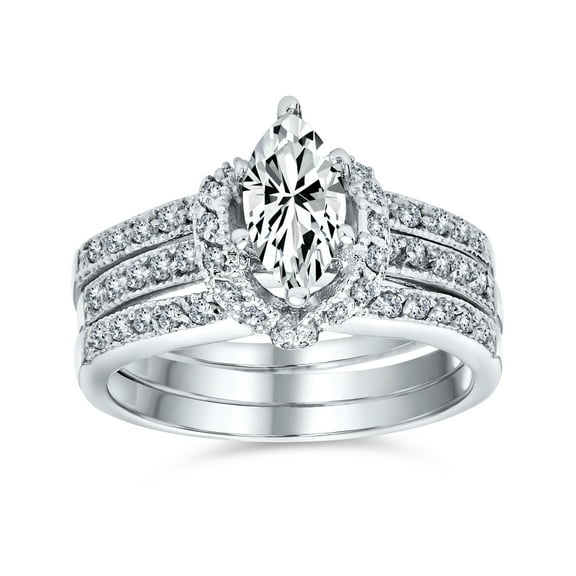 Bling Jewelry Womens 2CT CZ Halo Solitaire Marquise Baguette Band Bridal Ring Set