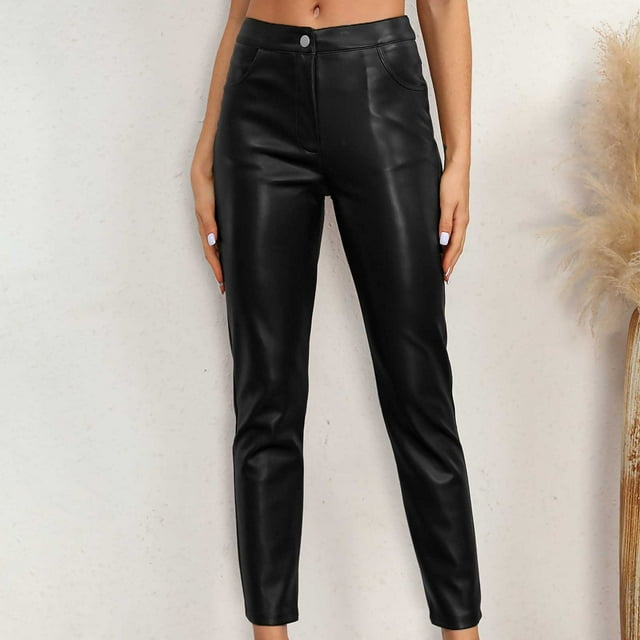LSLJS Fall Fashion Women Casual Comfortable High Waisted Pocket Button Zipper Leather Full Length Pants