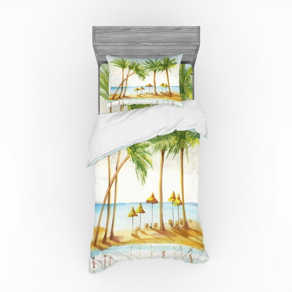 Ambesonne Tropical Bedding Set 3 Pcs, Sandy Beach and Palm Trees, Twin, Pale Brown Fern Green