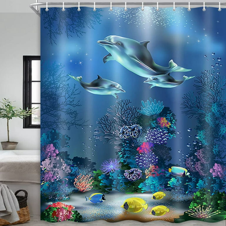 71x71” Ocean Fish Shower Curtain for Bathroom Sets Under The Sea Tropical  Turtle Shark Home Bath Bathtub Decor Decoration Durable Waterproof Fabric  Machine Washable with 12 Hooks 