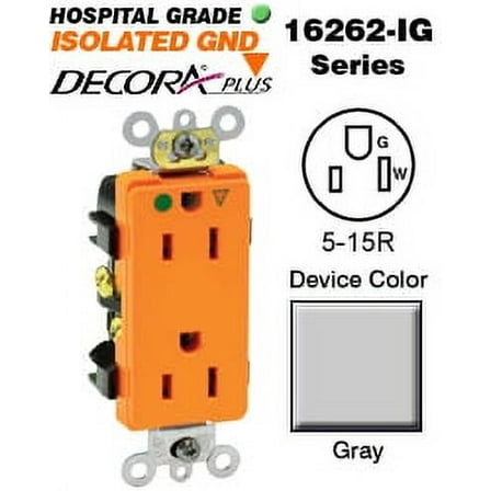 Leviton 16262-IGG Decora Duplex Receptacle Hospital Grade 5-15R 15A 125V BandS Wired - Gray