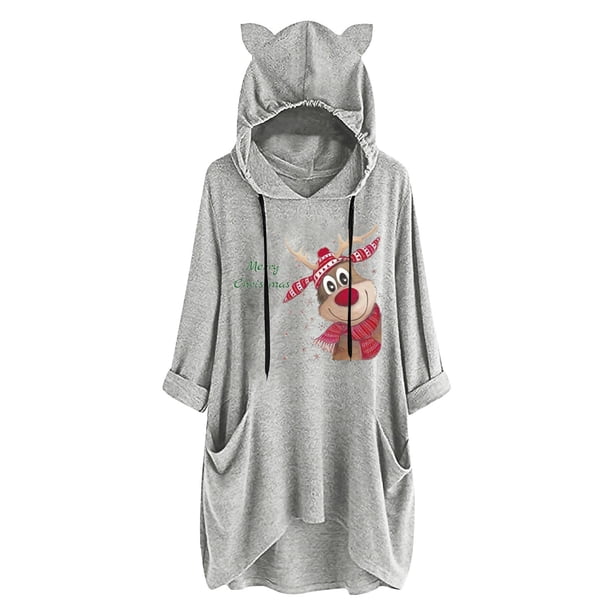 Top de manga larga con cuello redondo y capucha para mujer con estampado navideño y bolsillo suelto para mujer Pompotops FGAJ11094