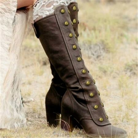 

Women Knee High Boots Fashion Side Zip Booties High Heels Retro Shoes High Boots Brown 6.5-7