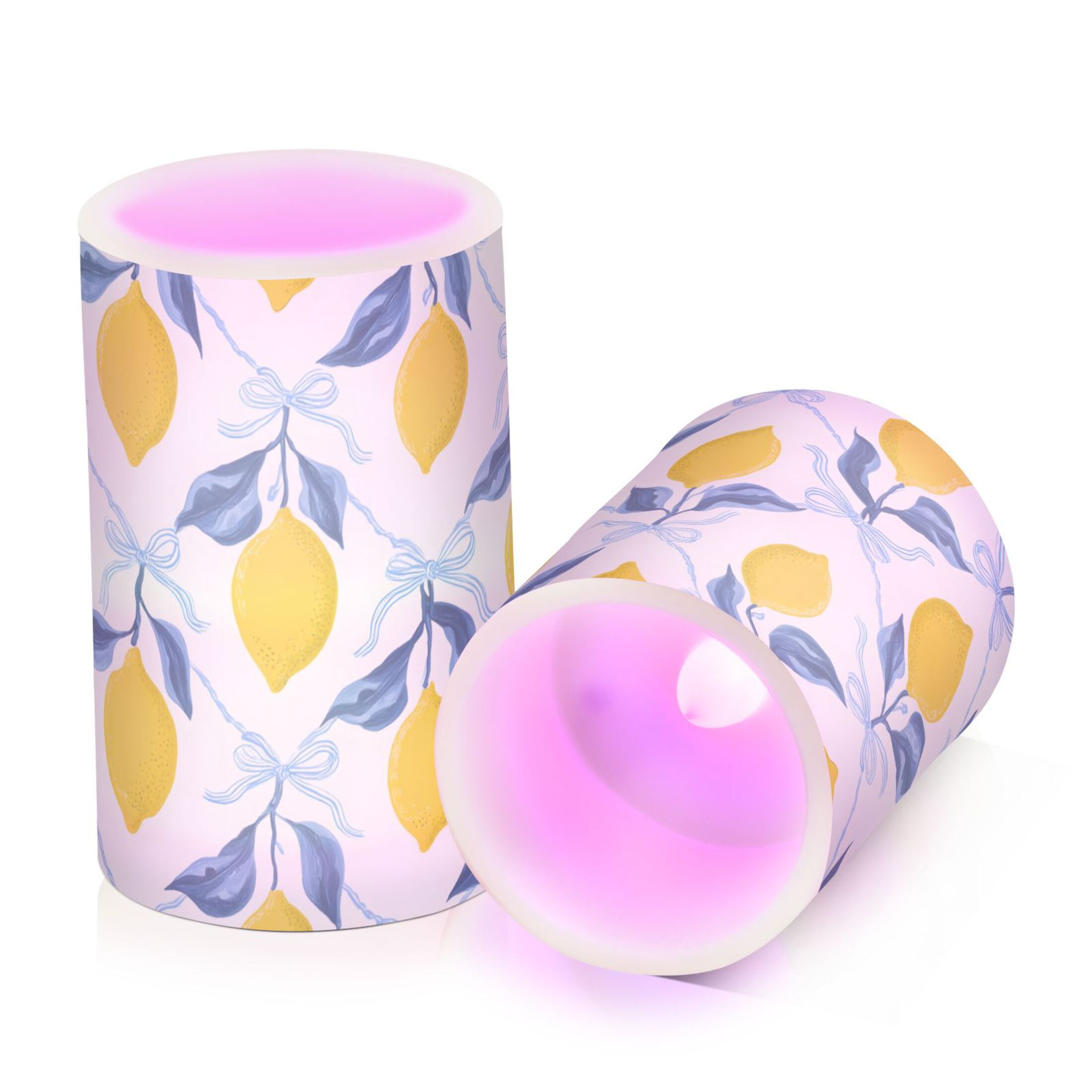 Lemon Blue Bow Pattern Flameless LED Candle Set with Remote, Battery Operated Color Changing Pillar Candles, Set of 2