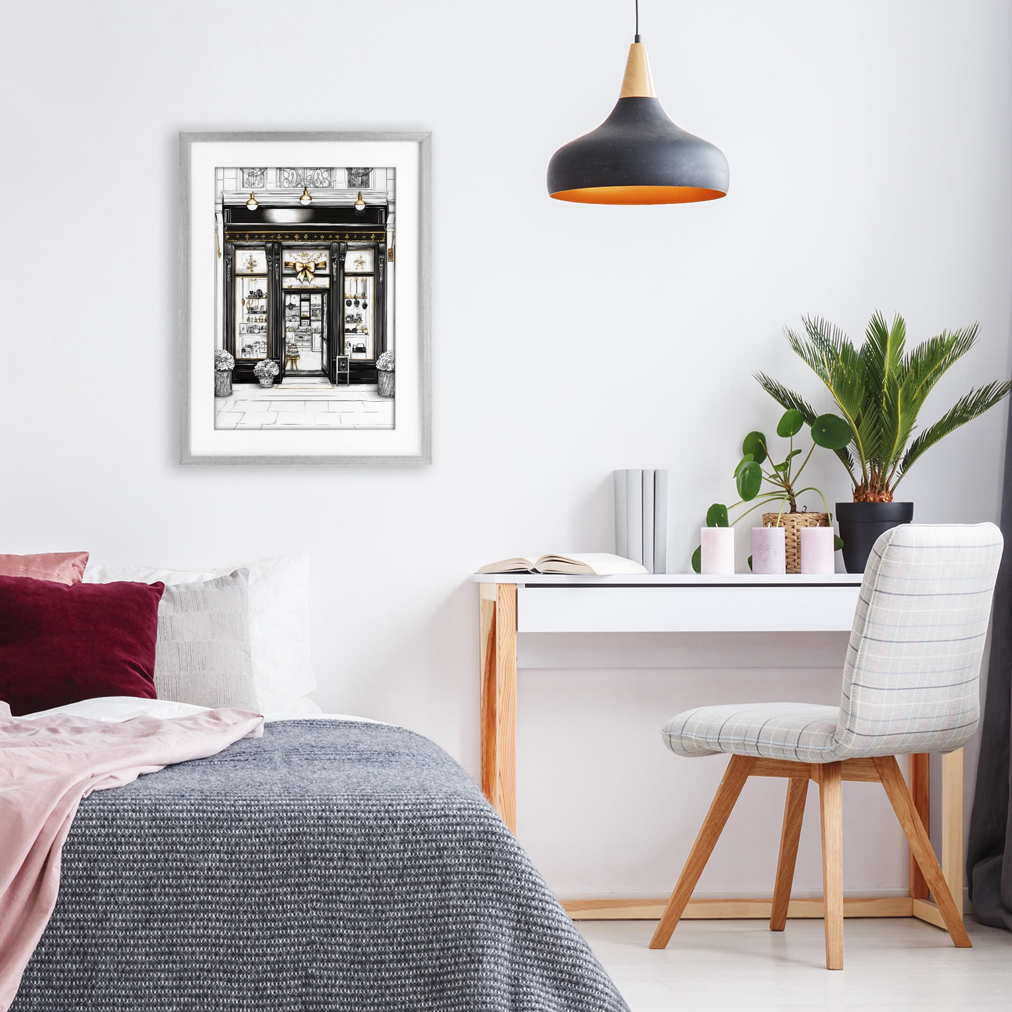 Stupell Industries Glam Paris Shop Facade Gray Framed Print Under Glass, design by Petal Prints Design