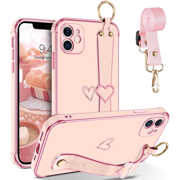 for iPhone 12 Case, Cute Heart Design Wristband Lanyard Cross Body Strap Electroplated Camera Protection Shockproof Protective Case Women Girls for iPhone 12 6.1"-Pink