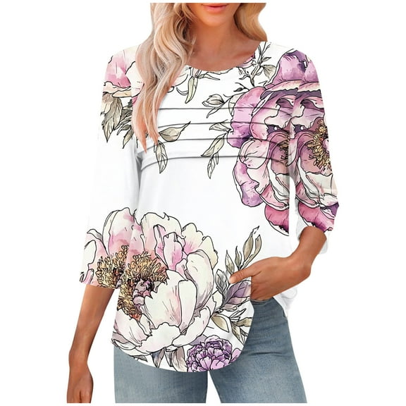 Jsaierl Women's 3/4 Length Sleeve Tops Casual Round Neck Shirts Cute Graphic Petite Blouses Workout Holiday T-shirts Top S-2XL