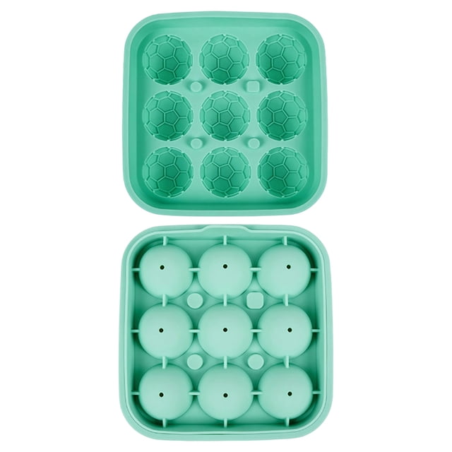Bandeja de hielo de silicona con forma de balón de fútbol, 9 cavidades, molde grande con tapa, apto para alimentos, máquina de hielo flexible para whisky y cócteles, bandeja de fútbol reutilizable