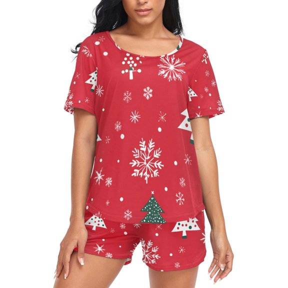 joogoo Women's Pajama Set Christmas Snowflake Trees Short Sleepwear Loungewear with Pockets M