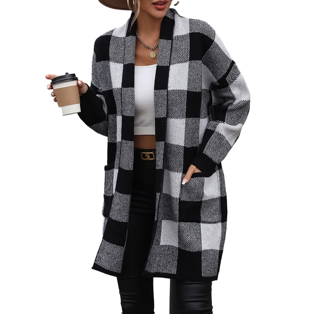 Pre-Order Plaid Knitted Long Open Front Cardigan