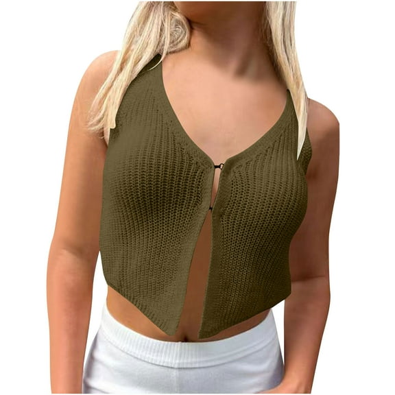 ZyeKqe Crochet Vest Top for Women Vintage Solid Color V Neck Tank Top Sleeveless Button down Crop Tops Streetwear