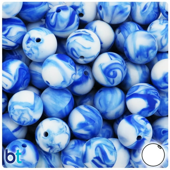 BeadTin Blue Marbled 16mm Round Plastic Craft Beads (25pcs)