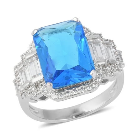 - Silvertone Blue Glass White Cubic Zirconia CZ Statement Ring for Women Cttw 5.7 Jewelry Gift