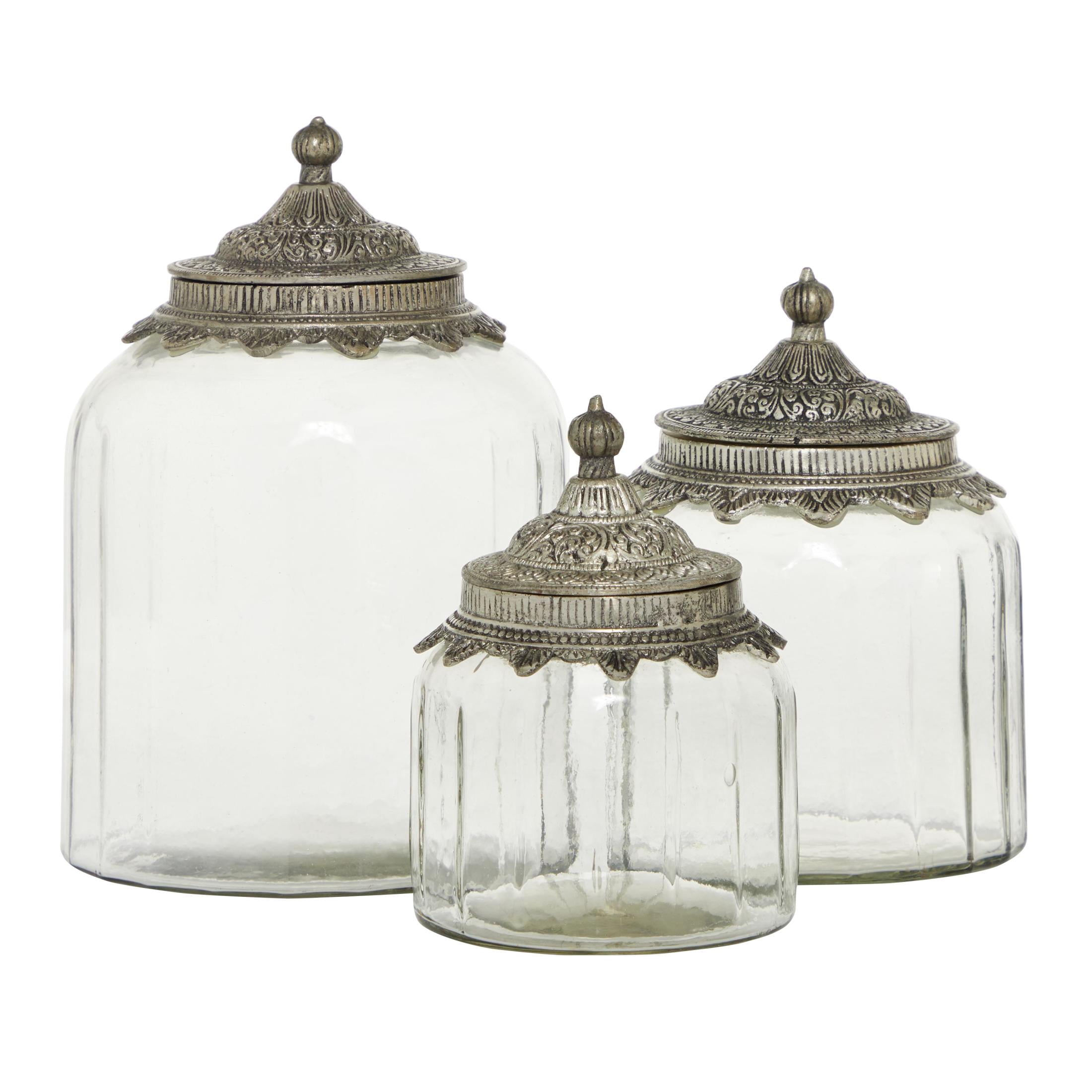 DecMode 6", 7", 9"H Clear Glass Decorative Jars with Engraved Silver Lids, 3-Pieces