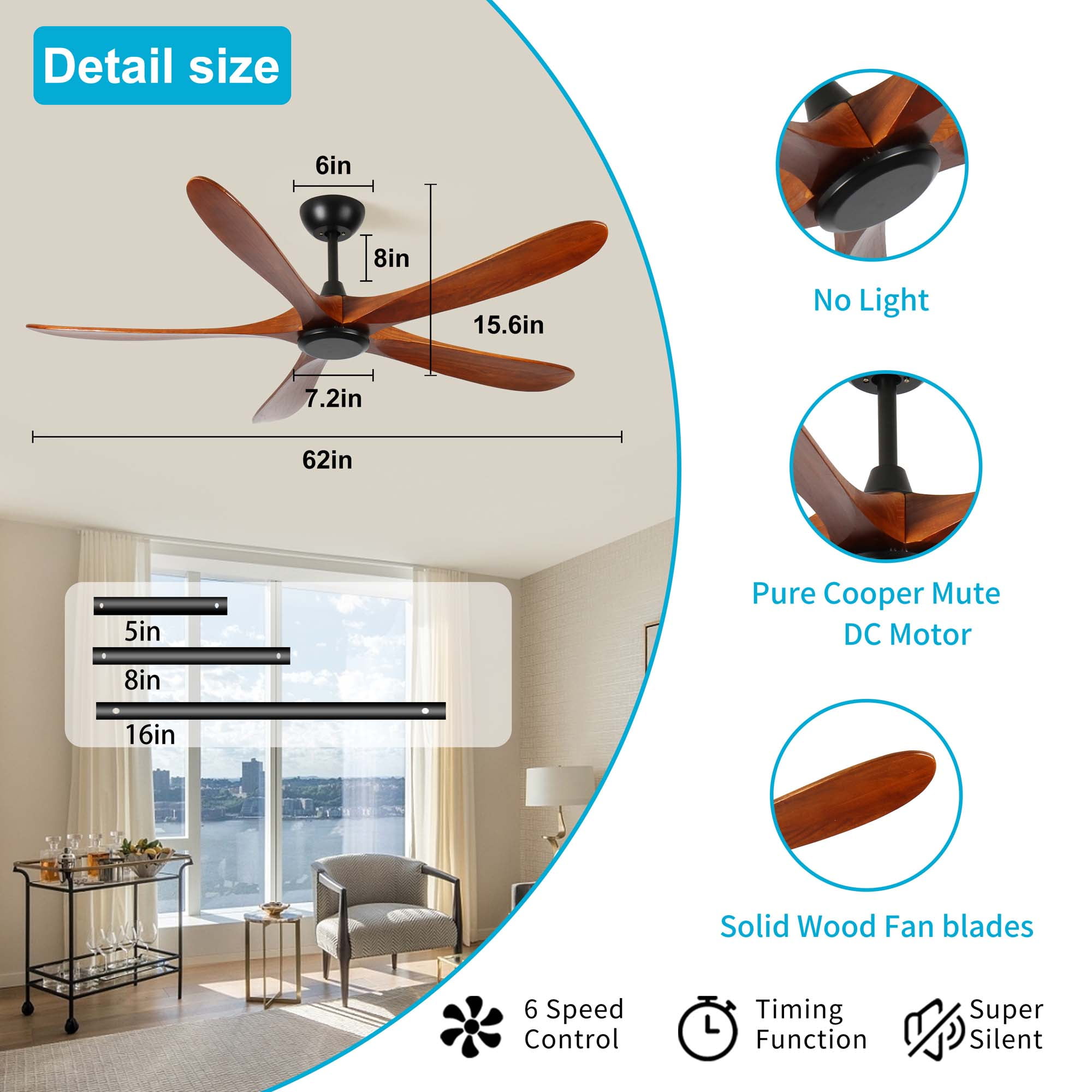 Miniyam 62 inch Wood Ceiling Fan with No Light with Remote Control, Low Profile Ceiling Fan without Light,Noiseless Reversible DC Motor with Timer