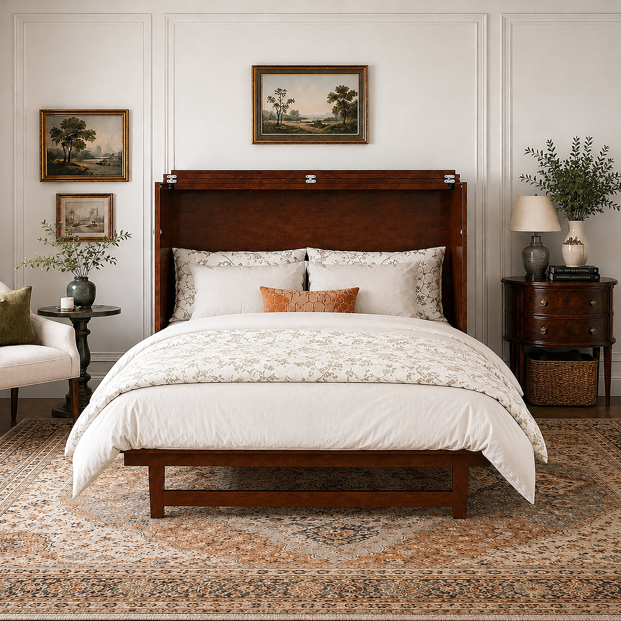 AFI Northfield Queen Solid Wood Murphy Bed Chest with Mattress, Drawer & Charger, Walnut