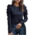 thumbnail image 2 of Royisotas Navy Women's Tops Casual Fall and Winter Solid Long Sleeve Shirts Loose Fit Puffy Sleeve Crew Neck Velvet Womens T Shirts, 2 of 6