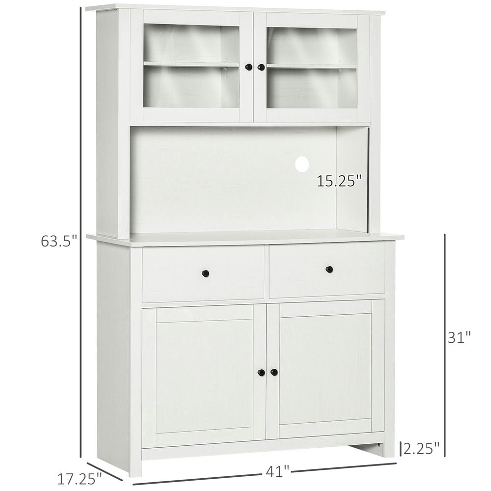 GVN Buffet with Hutch,63.5" Kitchen Buffet with Hutch, Pantry Storage Cabinet with 4 Shelves, Drawers, Framed Glass Doors,Antique White